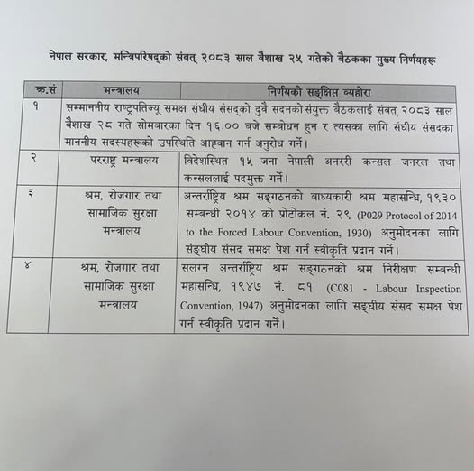 आज बसेको मन्त्रिपरिषद् बैठकका चार निर्णय